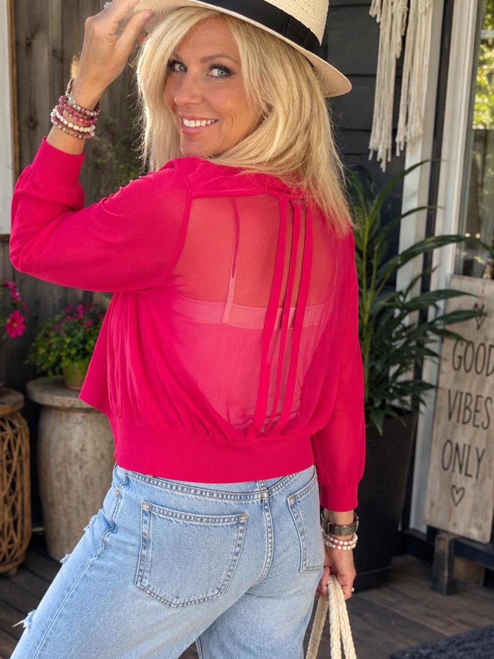 Planet Hot Pink 100% Viscose Sheer Back Cropped Cardigan Small